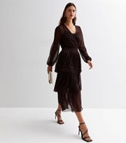 New Look Black Plisse Glitter V Neck Long Sleeve Tiered Midi Dress